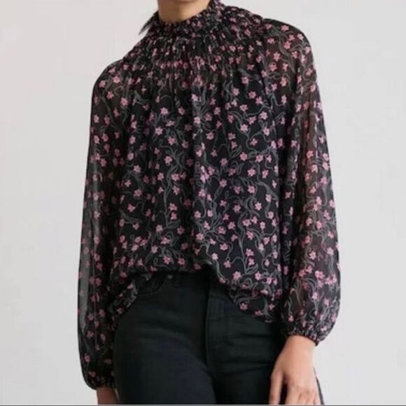 Elizabeth & James Black Floral Print Sheer Long Sleeves Blouse Size Small - Picture 3 of 8